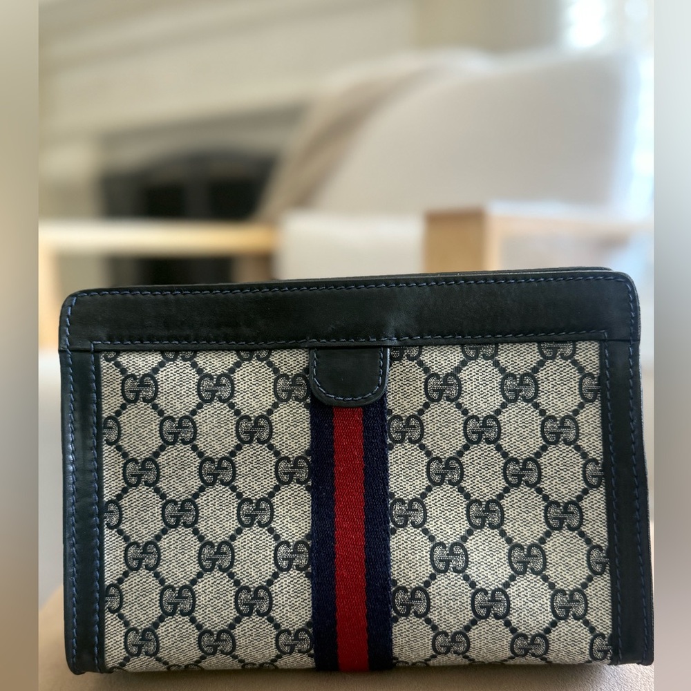 Gucci Beige Navy Canvas Cosmetic Case with Red Stripe